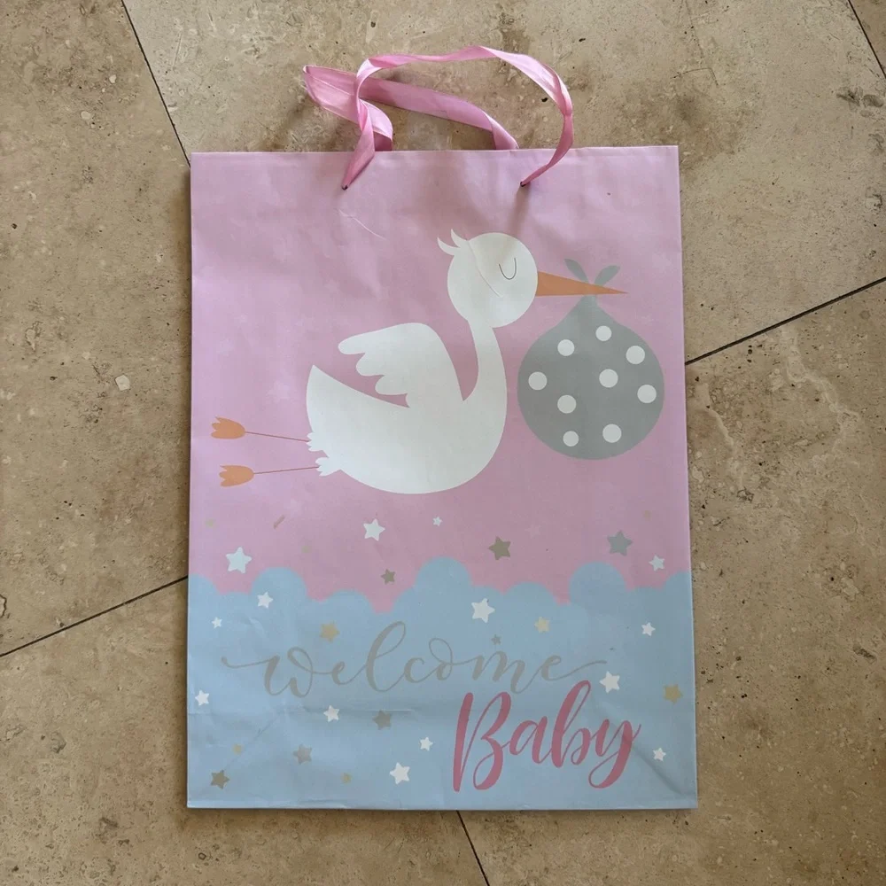 Pink stork baby shower gift bag